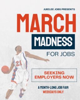 We are now seeking employers to sign up for #MarchMadness for Jobs!

Pick a date and time slot in March for a hiring event and we'll supply the applicants 📝

Our clients are:
✅Pre-screened
💯Trained
🏆Job ready

#foodservice #informationtechnology #hospitality #admin #janitorial

Message to learn more, or contact Paul Newport at pnewport@jubileejobs.org